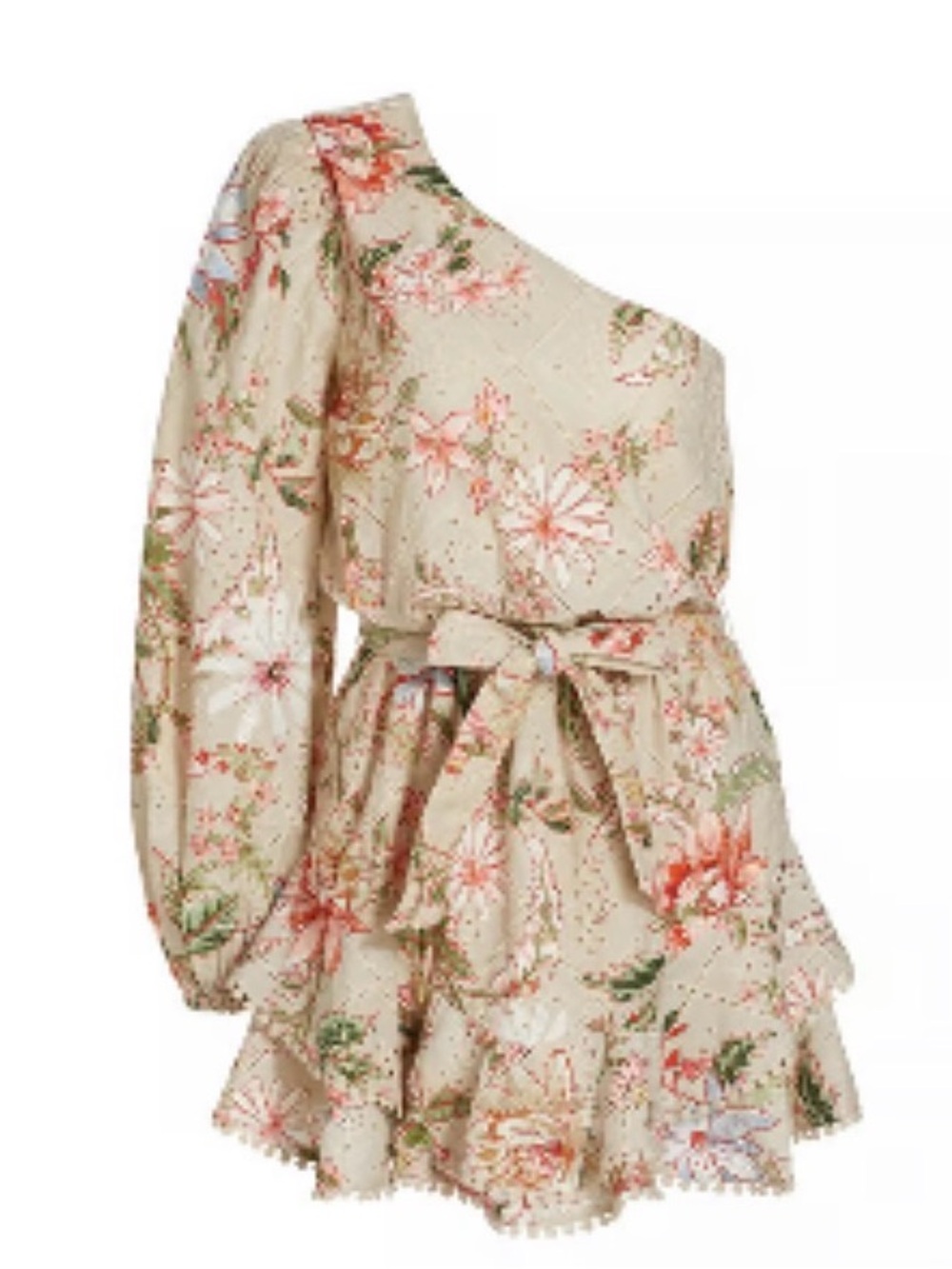 HEMANT & NANDITA One-Shoulder Floral Eyelet Dress in Beige, Pink, Green